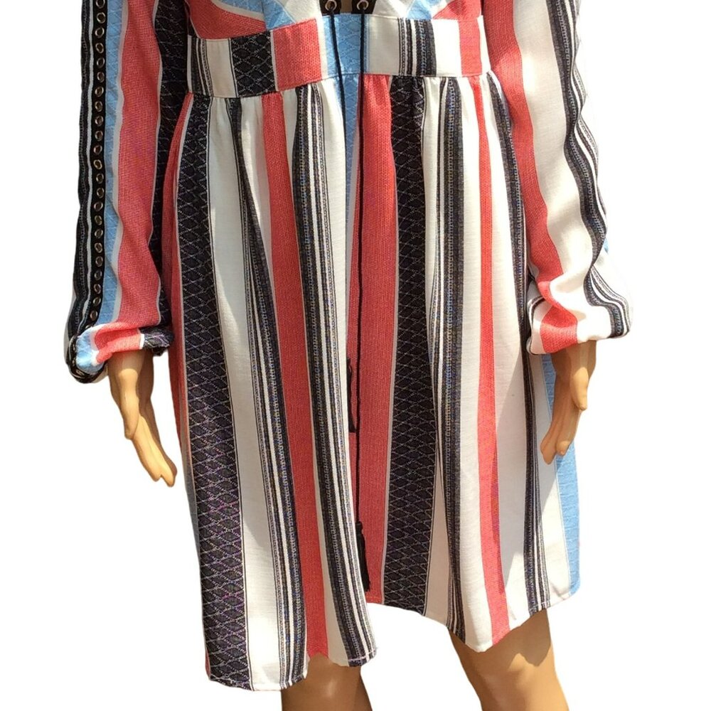 AMT Size M Long Puff Sleeve Dress Gypsy Boho Retro V-Neck Tassel Lace-up Striped - Picture 9 of 13